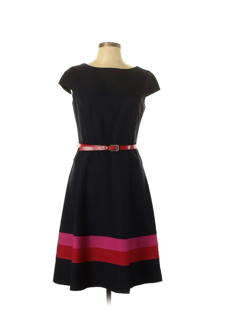 Anne Klein Navy Blue Midi Dress with Pink and Red Hem and Red Belt